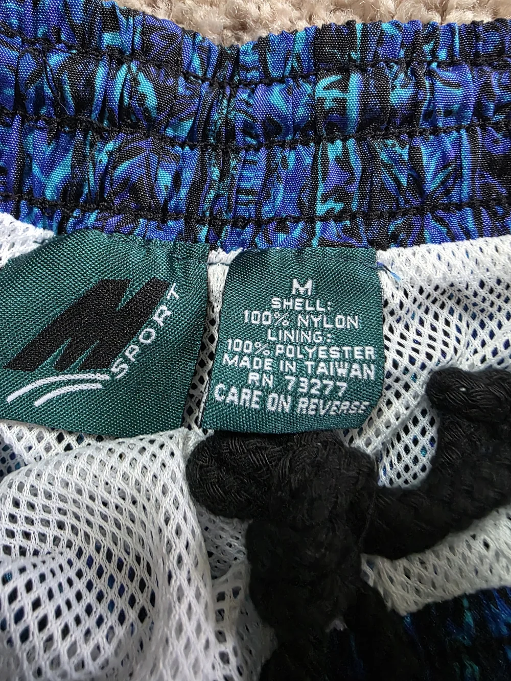 Vintage 90s Sport Swim Trunks Men's Blue Tribal Hawaiian Print Mesh Lined NWT M